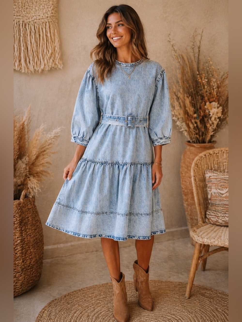 Front Row by Sara & Goldy Boho Denim Belted Midi Dress – Tiered | Puff Sleeve